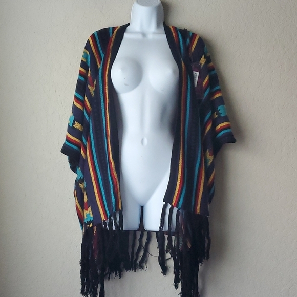 NWT Rock & Roll Cowgirl Colorful Striped Poncho with Fringe - Picture 4 of 7